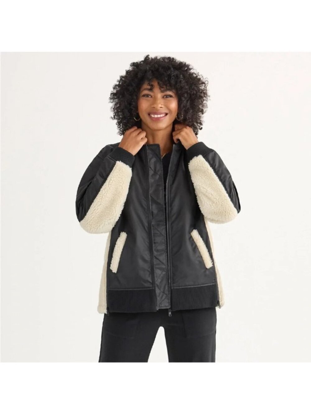 CABI CHARISMA BOMBER JACKET COAT black ivory MEDIUM shearling #4782 outerwear